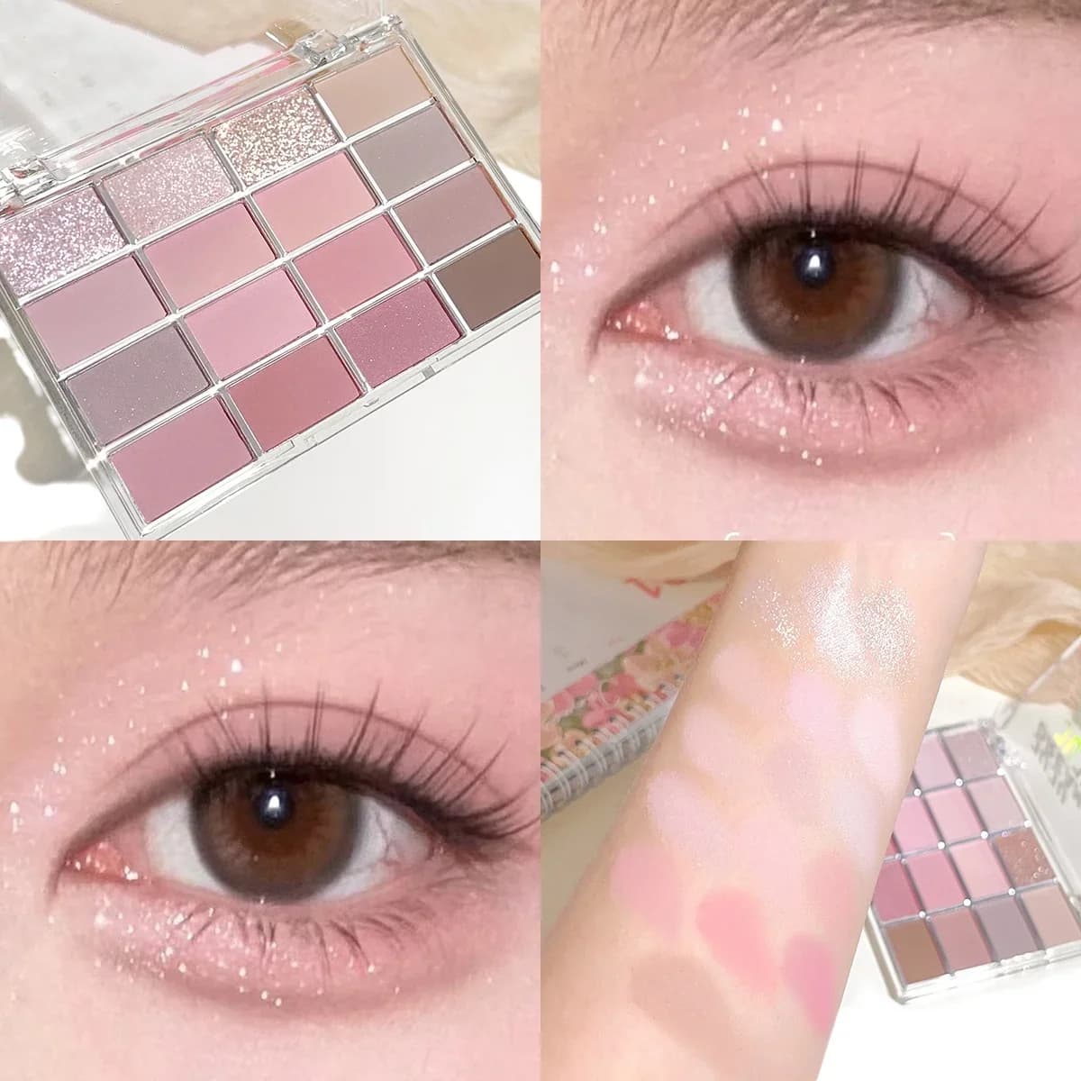 Palettes of pink-brown shades with 16 colors, opaque and perlescent neutral tones, soft purple-gray tones with low saturation, can be shaded for a long-lasting make-up