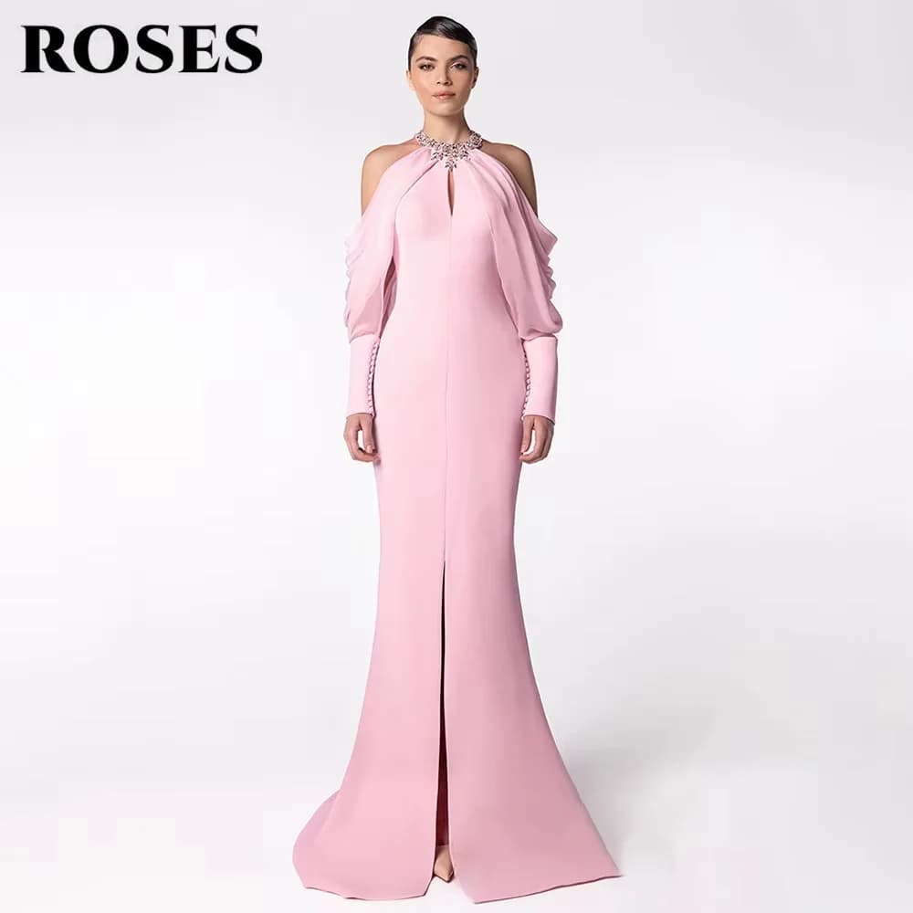 Abito da sera a sirena rosa con scollo all'americana e spalle scoperte, in raso con cristalli, abito formale con bottoni, personalizzabile