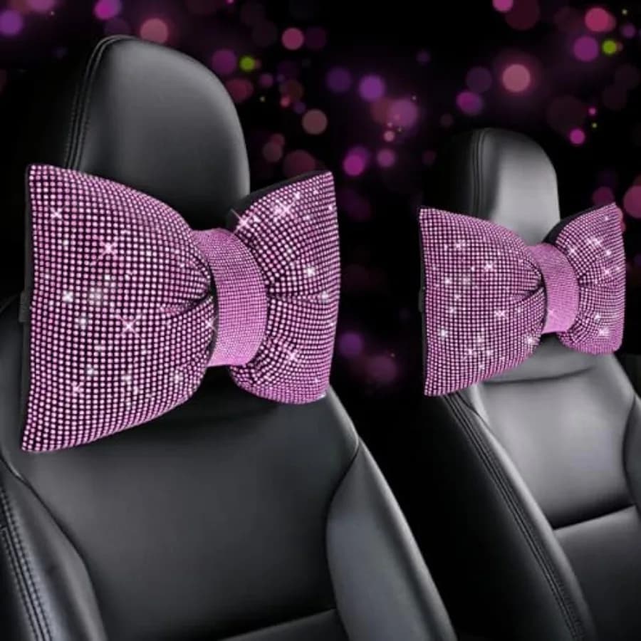 4 Cuscini per Auto con Strass e Fiocchi, Poggiatesta e Supporto per il Collo per Conducente, Ideali per il Relax e il Sonno durante i Viaggi