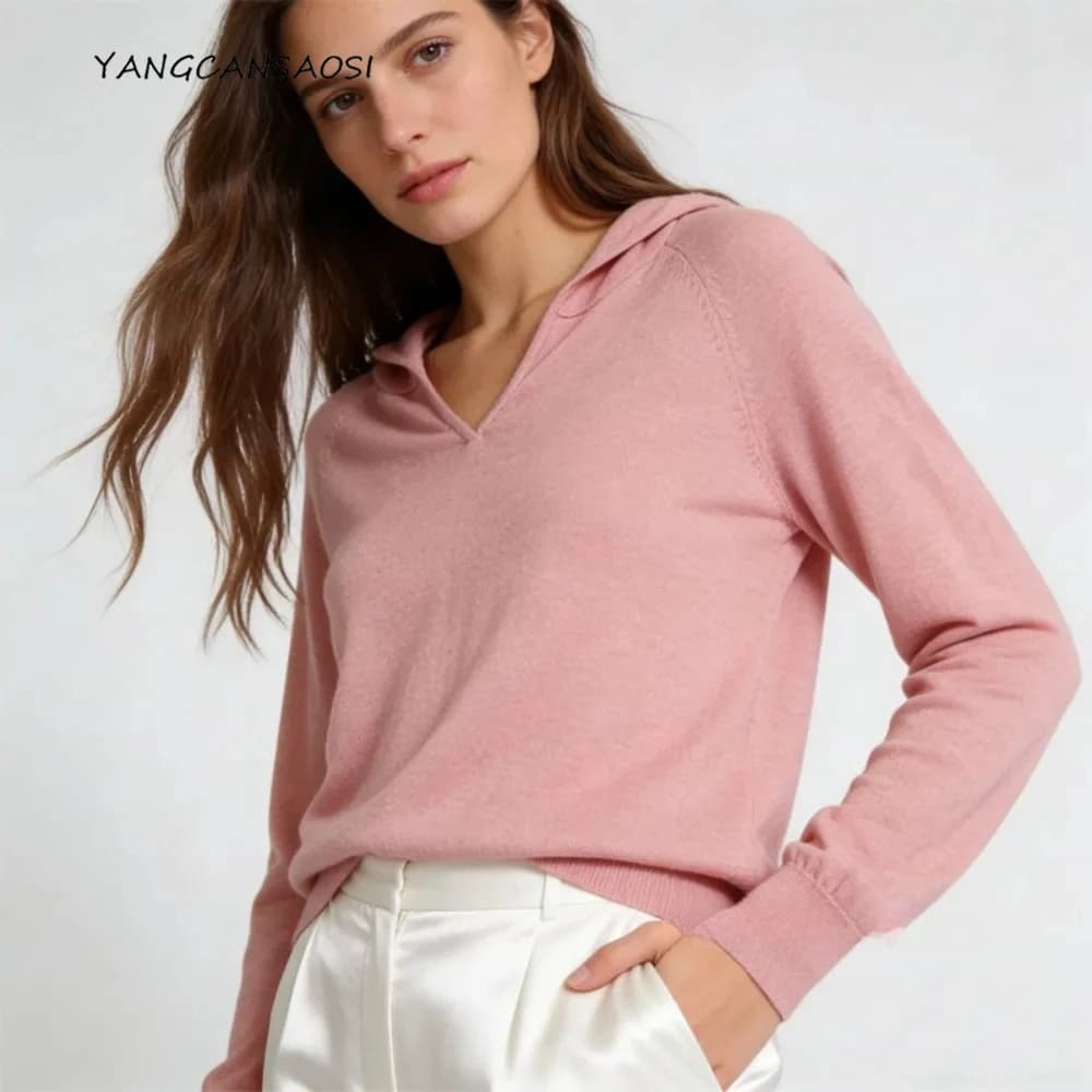Semplice pullover lavorato a maglia in seta di gelso naturale al 64%, top versatile a maniche lunghe con cappuccio in tinta unita da donna, abbigliamento primaverile 2026