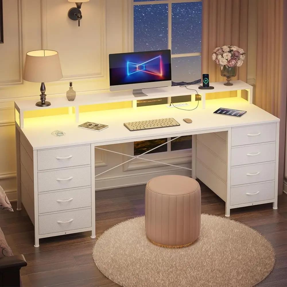 Scrivania da gaming con 60 luci LED, cassetti in tessuto e supporto per monitor, bianca