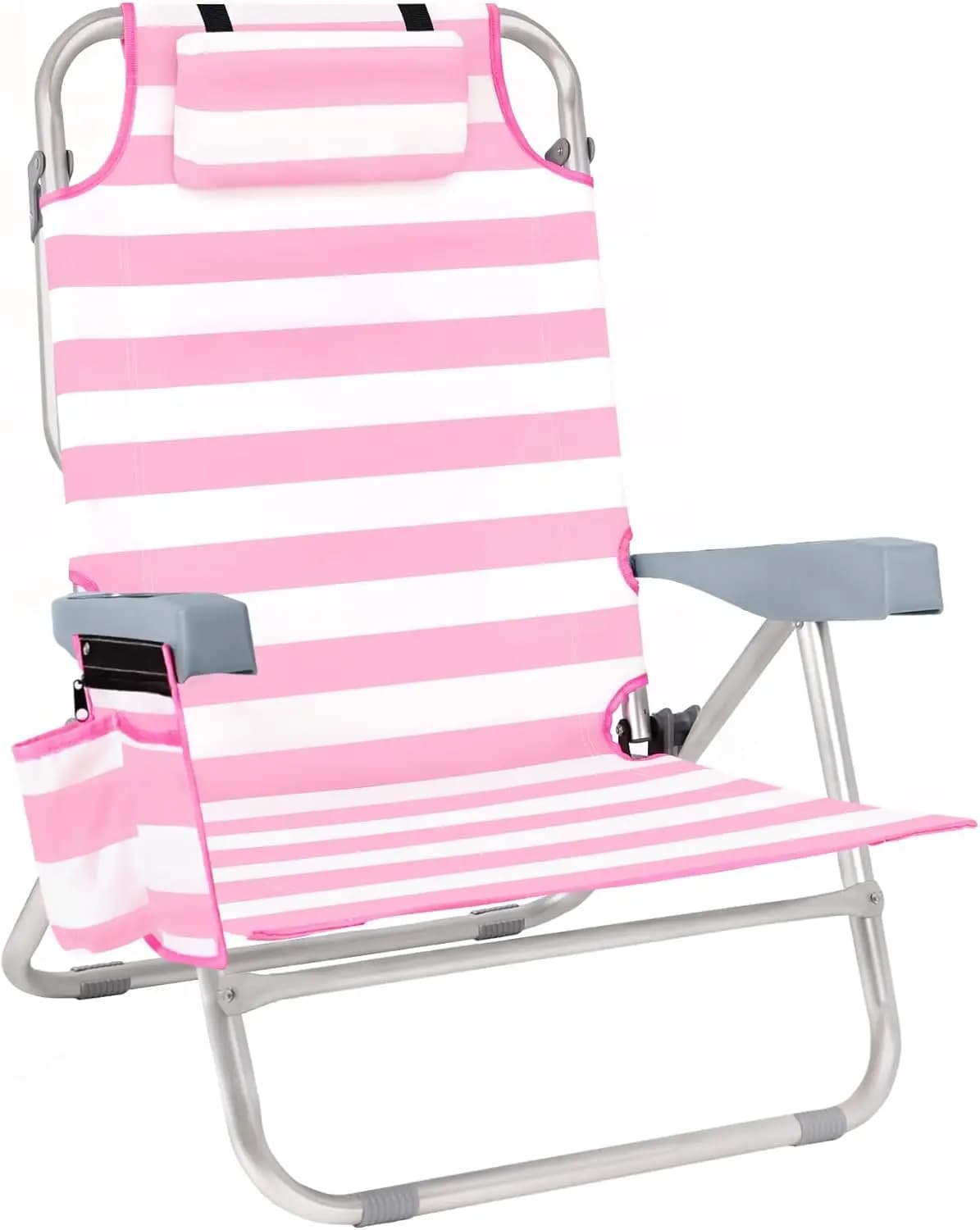 Sedia da spiaggia per adulti, sedia da spiaggia con zaino pieghevole portatile con dispositivo di raffreddamento, portabicchieri, portasciugamani e borsa portaoggetti, 5 posizioni F