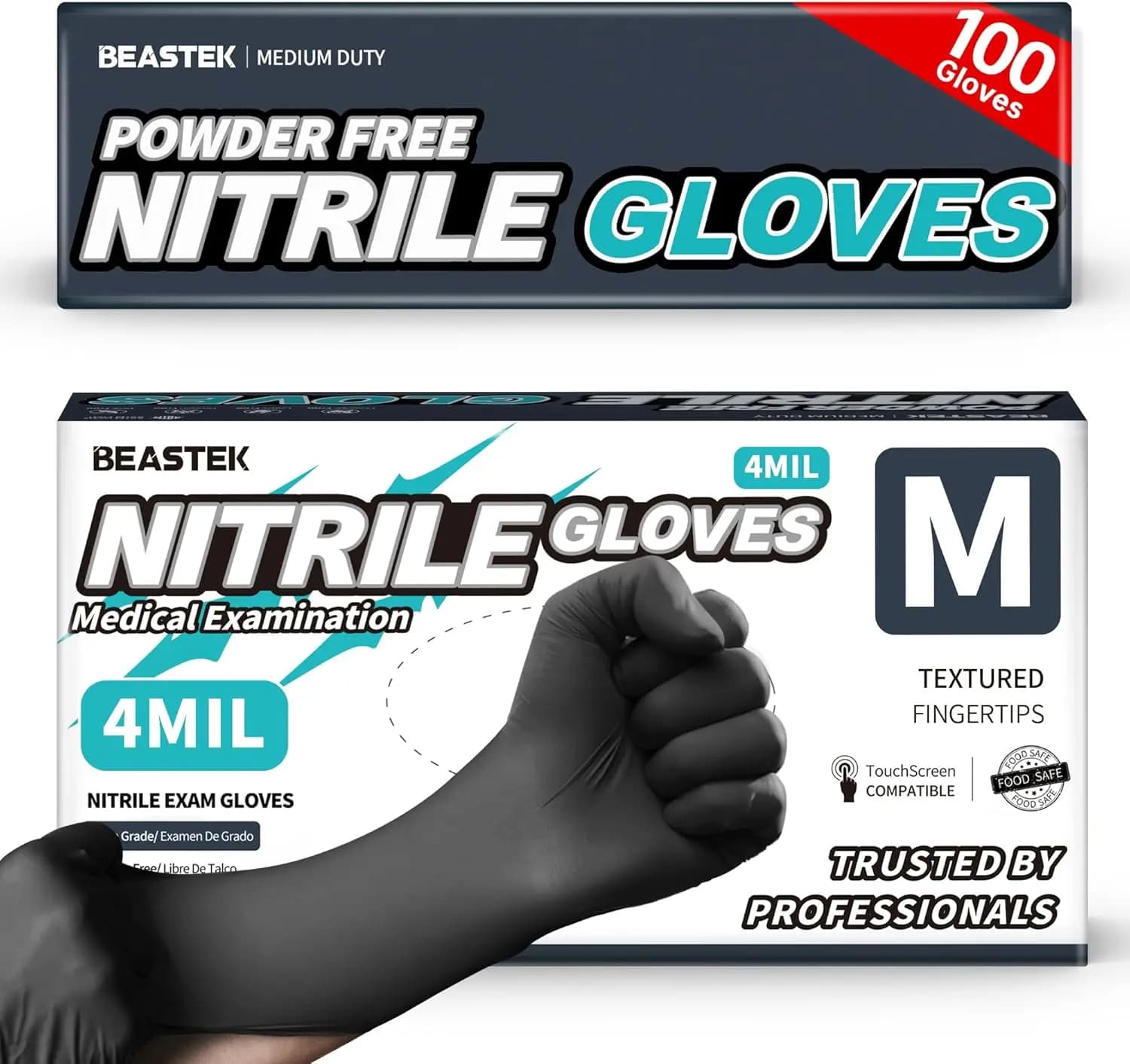 Guanti Monouso in Nitrile per Esami, 100 Pezzi, 4 Mil, Resistenti agli Agenti Chimici, Senza Polvere, Senza Lattice, Sicuri per Alimenti, Uso Medico e Cucina