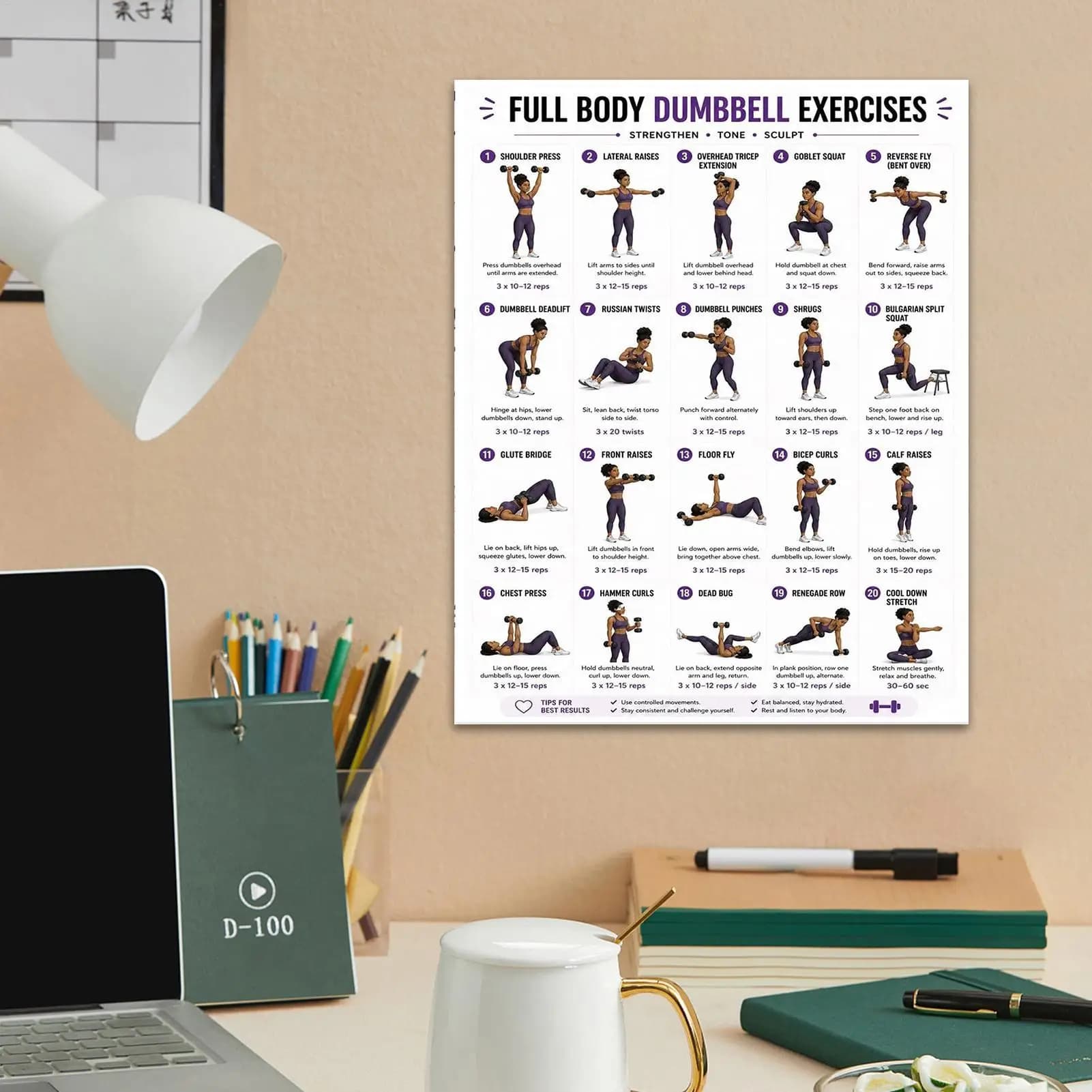 Dumbbell Exercise Poster 2pcs Full Body Strength Training Guide Chart, Home Gym Wall Workout Plan for Beginners Men Women