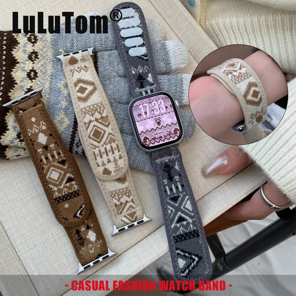 Cinturino Vintage in Velluto a Coste con Motivo Alce per Apple Watch Serie 11 10 9 8 7 6 SE Ultra iWatch 49/46/45/44/42/41/40/38, Cinturino in Tessuto con Chiusura a Strappo