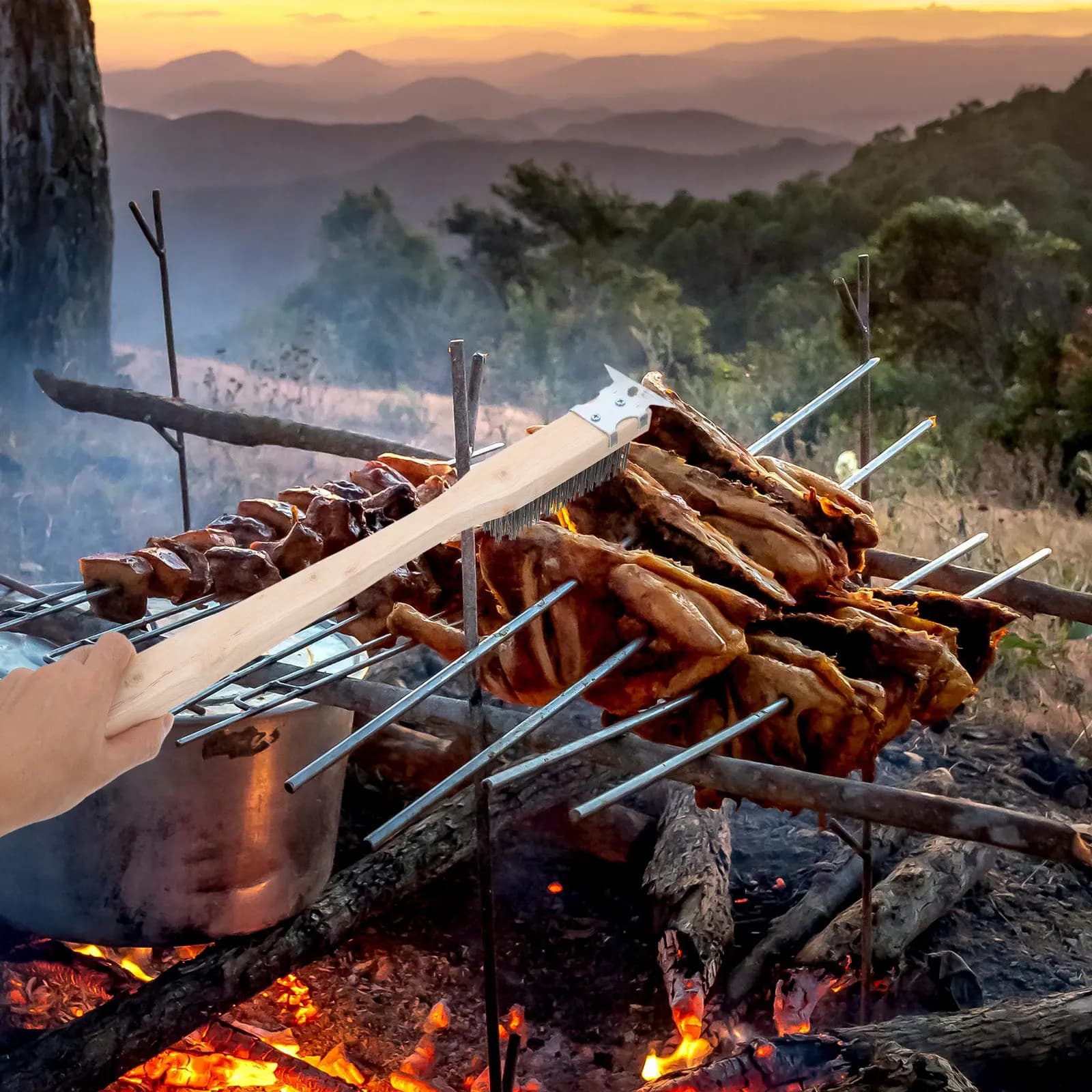 Spazzola per pietra da pizza con setole in acciaio inossidabile, manico lungo staccabile con impugnatura in legno, pulitore per forno pizza, spazzola per barbecue