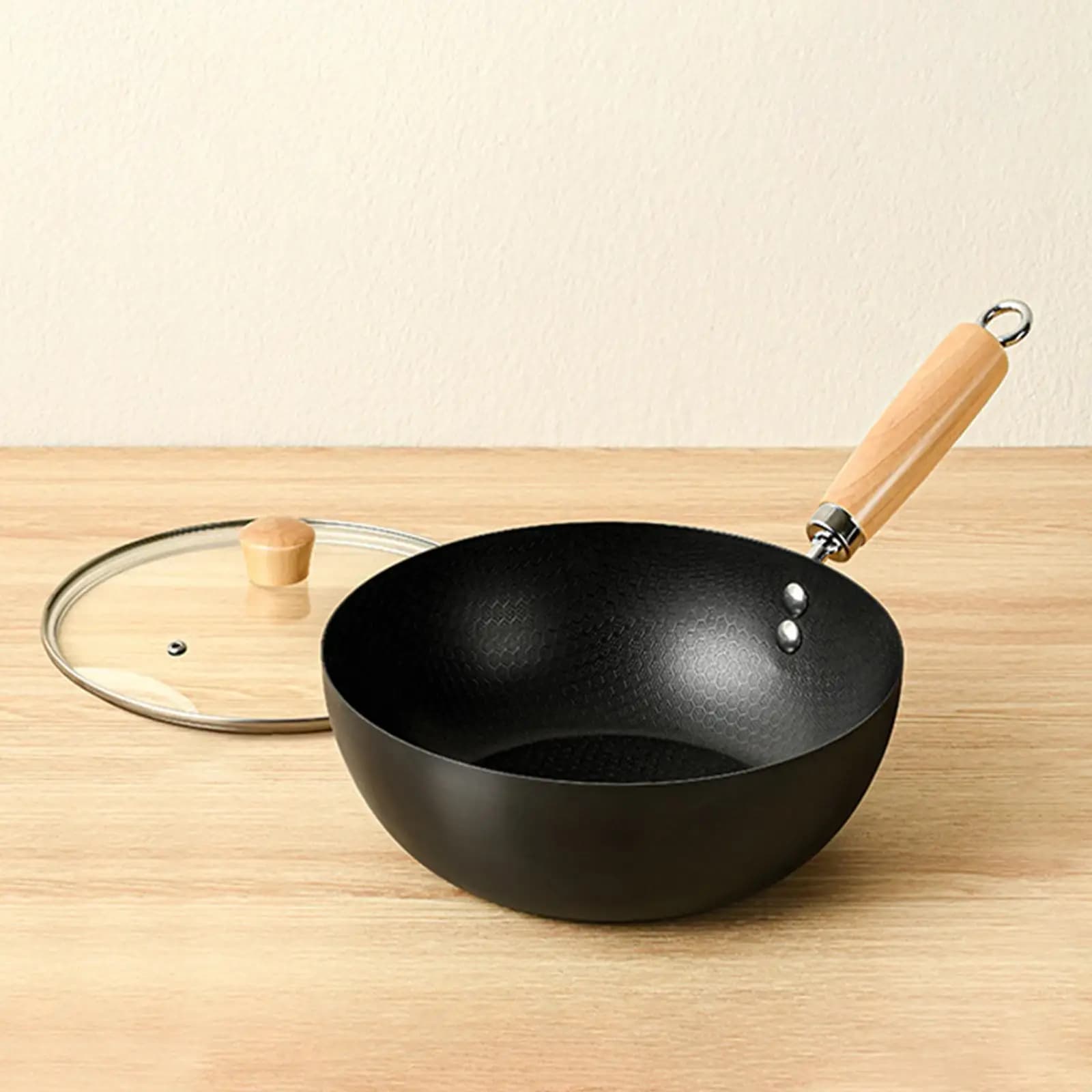 Padella Wok in Ferro con Coperchio, Antiaderente, Superficie a Nido d'Ape, Utensile da Cucina per Tutti i Tipi di Fornelli
