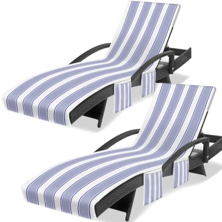 Lounge Chair Towel Cover, Chaise Lounge Covers Pack of 2,Striped Lounge Chair Towels with Fitted Top Pocket for Pool, Beach, Va