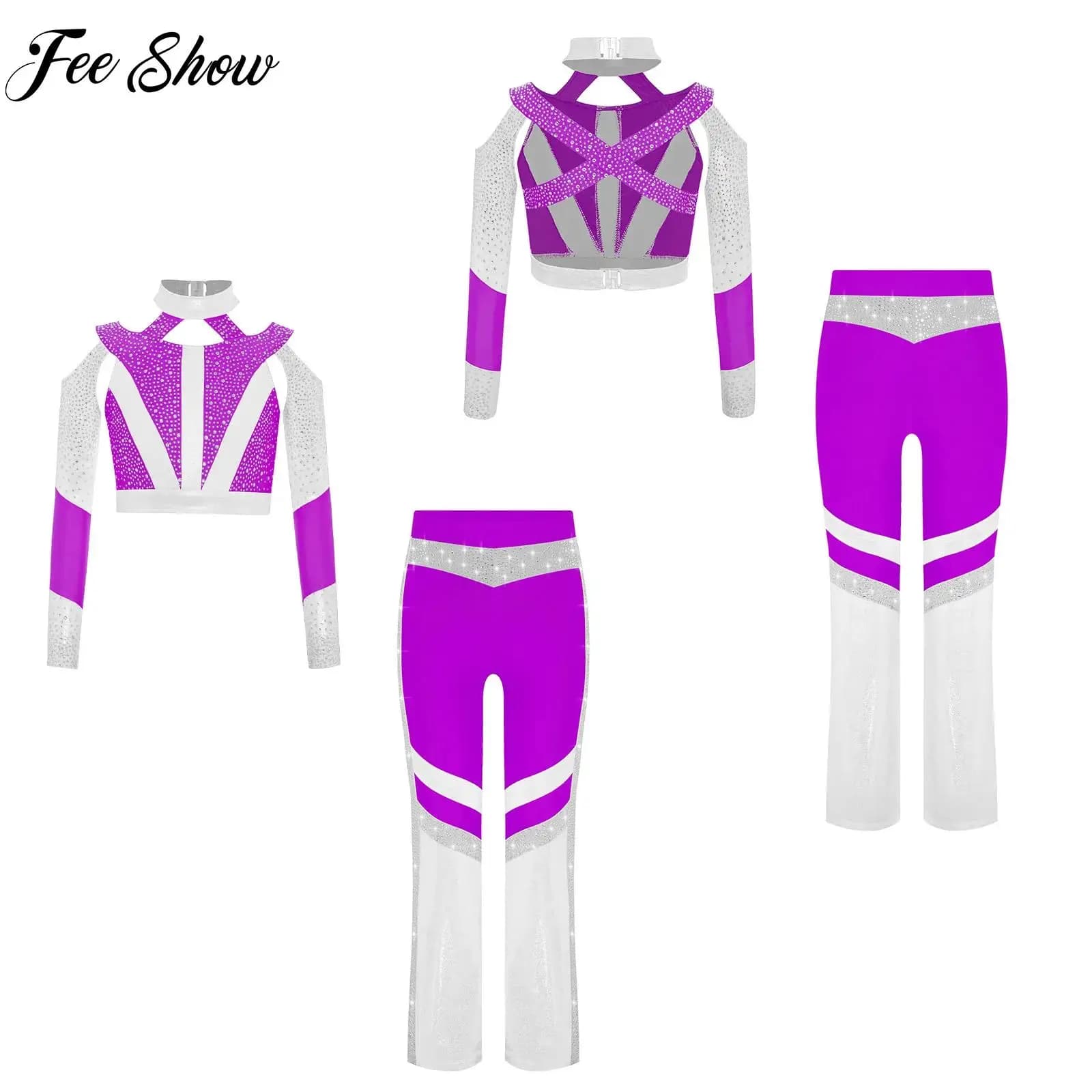 Ginnastica per ragazze Pattinaggio di figura Vestito da ballo Set da performance per acrobazie Top corto a maniche lunghe Pantaloni svasati Set di abbigliamento da ballo in 2 pezzi