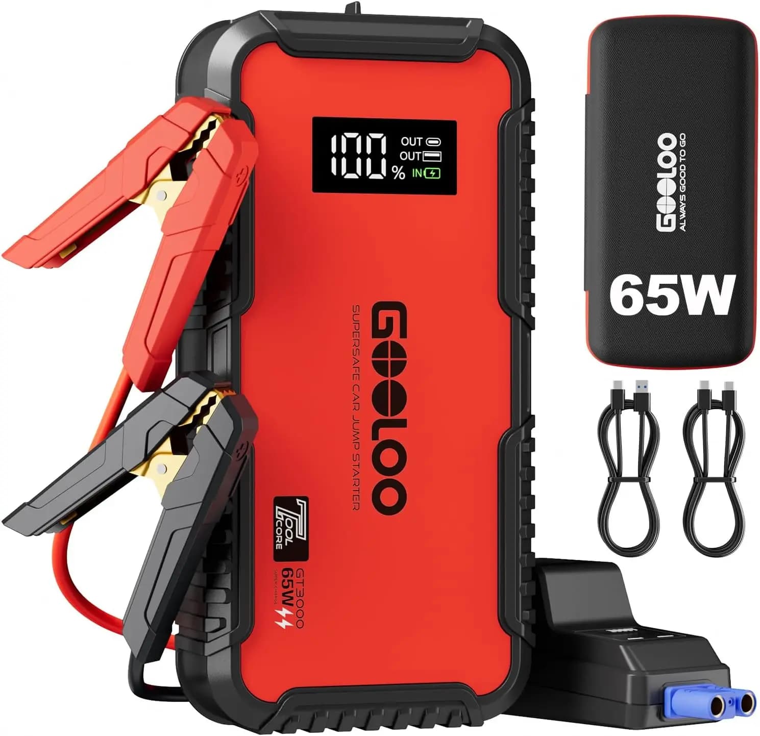 Avviatore di Emergenza GT3000, Ricarica Rapida 65W, Booster Batteria Portatile 3000A per Auto/Camion/SUV con Funzioni di Sicurezza
