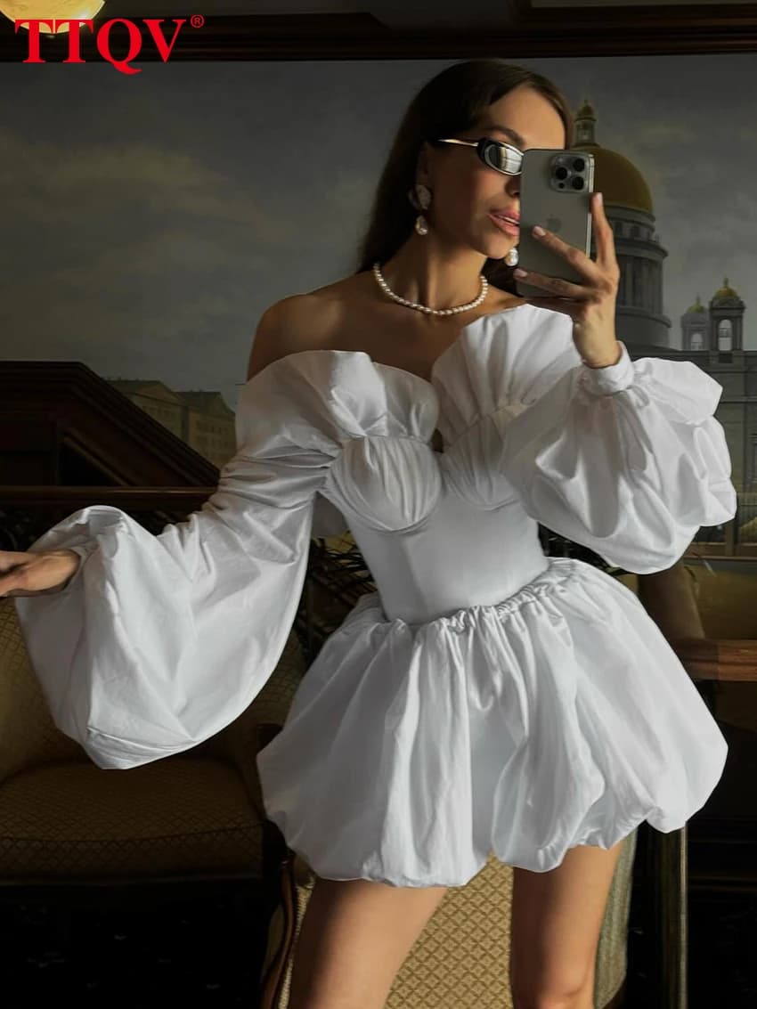 TTQV Set di gonne di cotone bianco allentato alla moda per donna 2 pezzi Top corto aderente con maniche a sbuffo con minigonna a vita alta