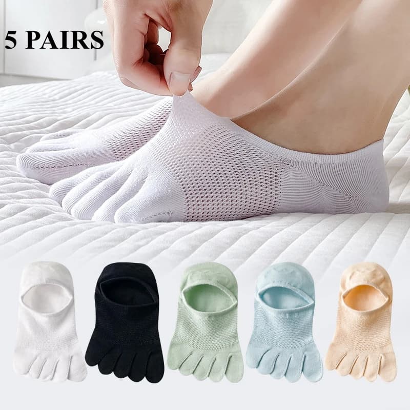 5 paia di calzini estivi con punta in rete da donna, calzini con punta bassa e dita separate, calzini invisibili con pantofola a cinque dita