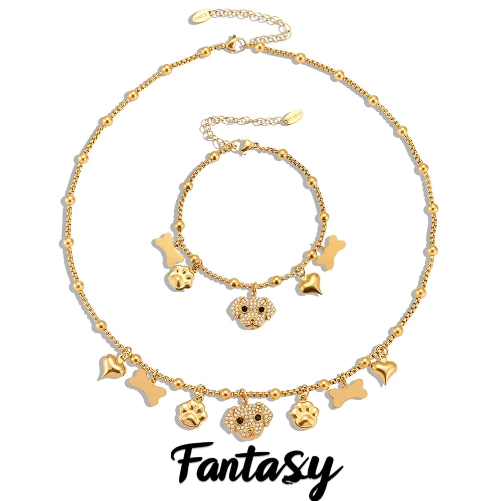 316 Stainless Steel Gold-Plated Chain Necklace With Sparkling Zircon Cute Dog Pendant Bracelet Set Femme Luxury Jewelry Gift