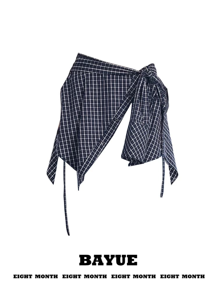 Blue Plaid Butt Curtain Layered High Waist A-Line Skirt with Belt Regular Fit Spring 2026 Ladies High Waist Skirt
