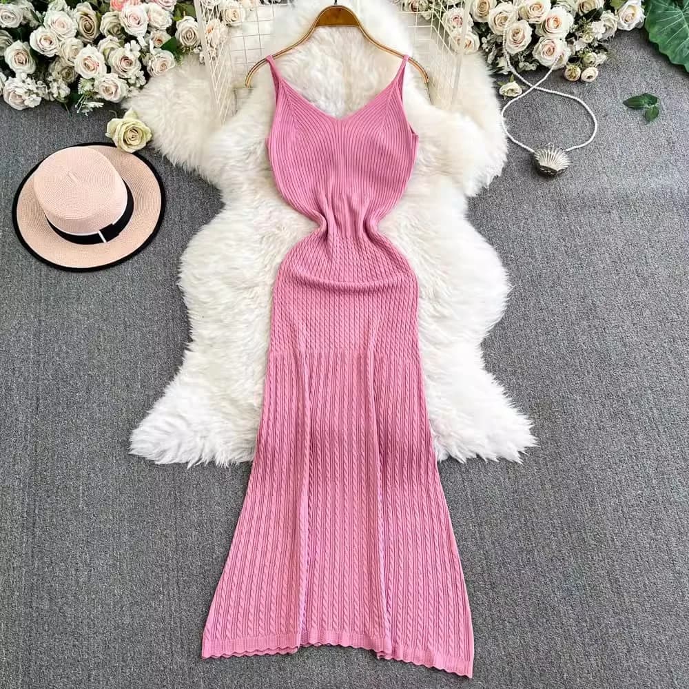YuooMuoo Chic Fashion Elegant Patchwork Knitted Maxi Dress 2026 Spring Summer Women V-neck Spaghetti Straps Party Dress Vestidos