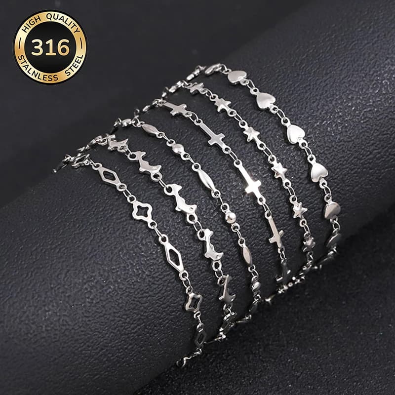 Bracciale da donna in acciaio inossidabile placcato oro 18 carati con croce, cuore e quadrifoglio, impilabile, gioiello raffinato per tutti i giorni, feste, estate e spiaggia.