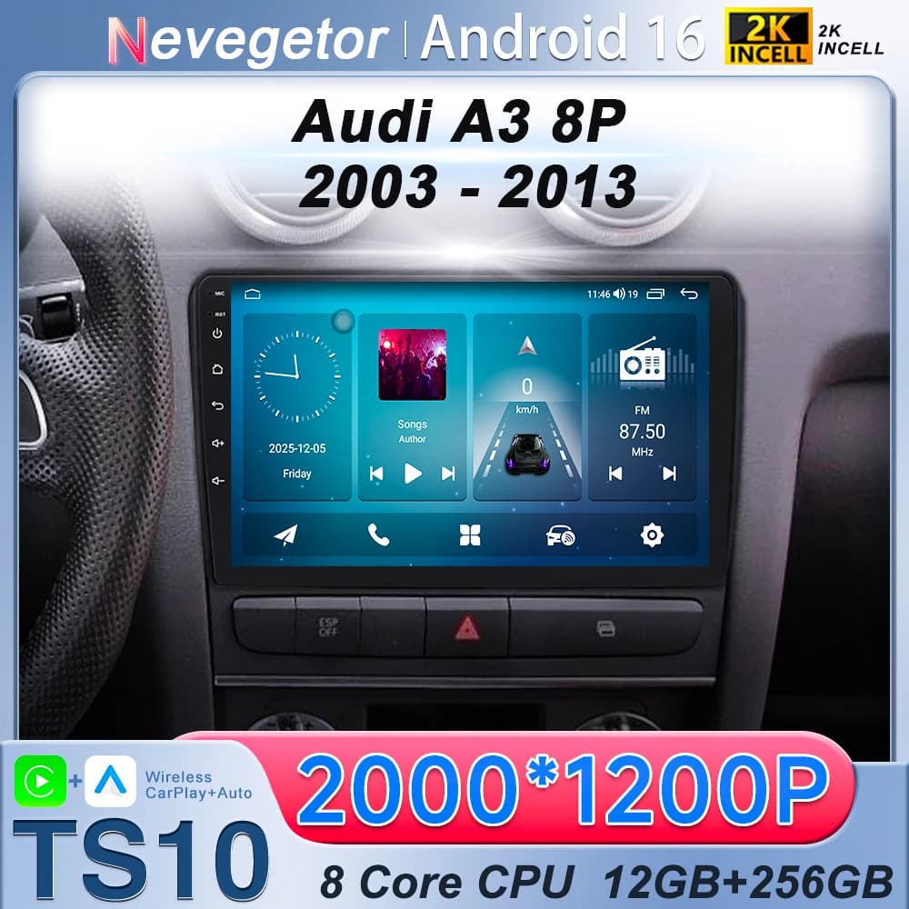 Autoradio Wireless CarPlay Android Auto per Audi A3 8P 2003-2013, Lettore Multimediale Android 16 per Auto, GPS, Autoradio con Schermo QLED 2K