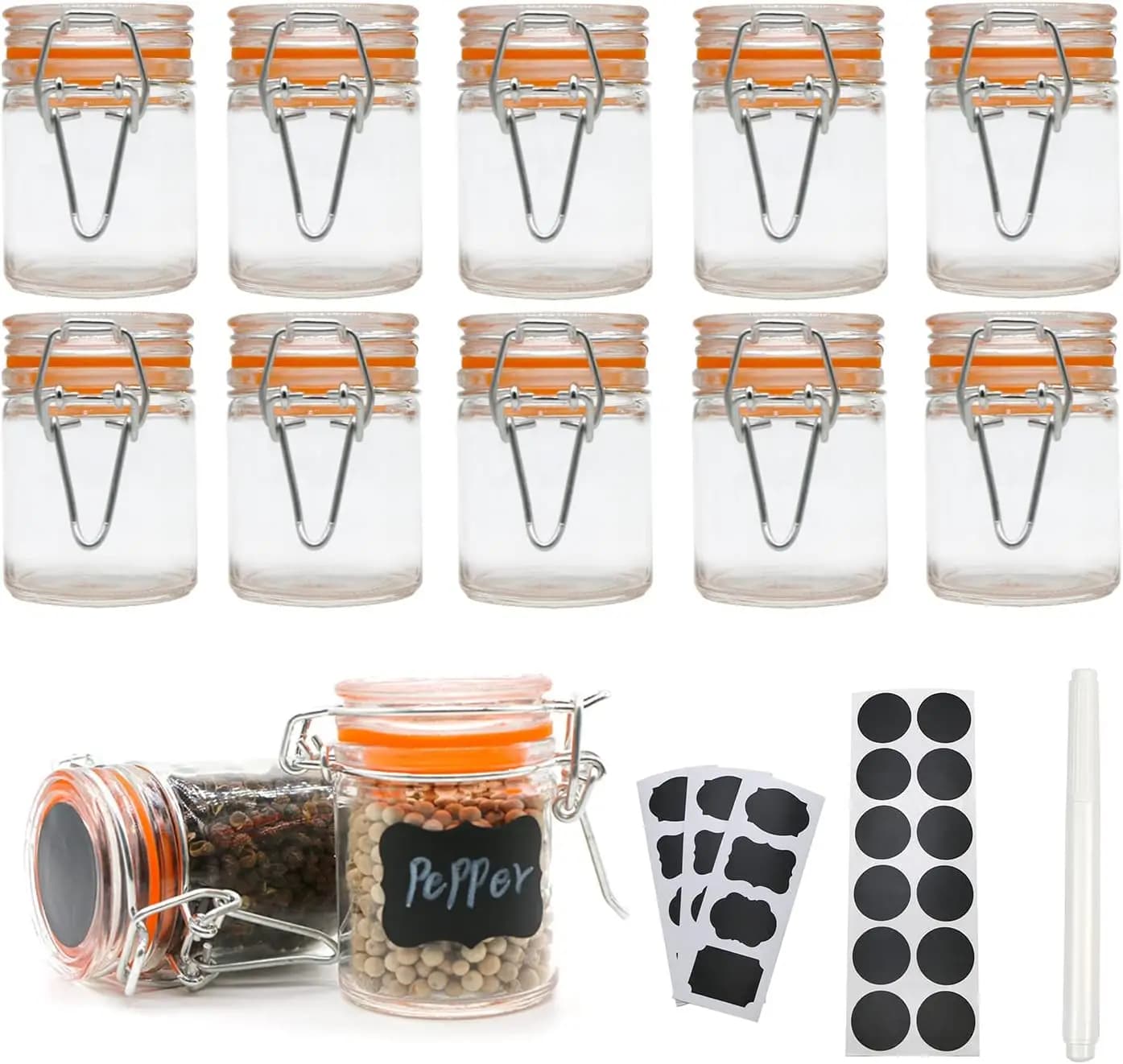 Mini barattoli in vetro da 1,7 oz per spezie con etichette, piccoli contenitori con coperchio a cerniera ermetico, confezione da 12 bottiglie vuote per spezie con guarnizione in gomma