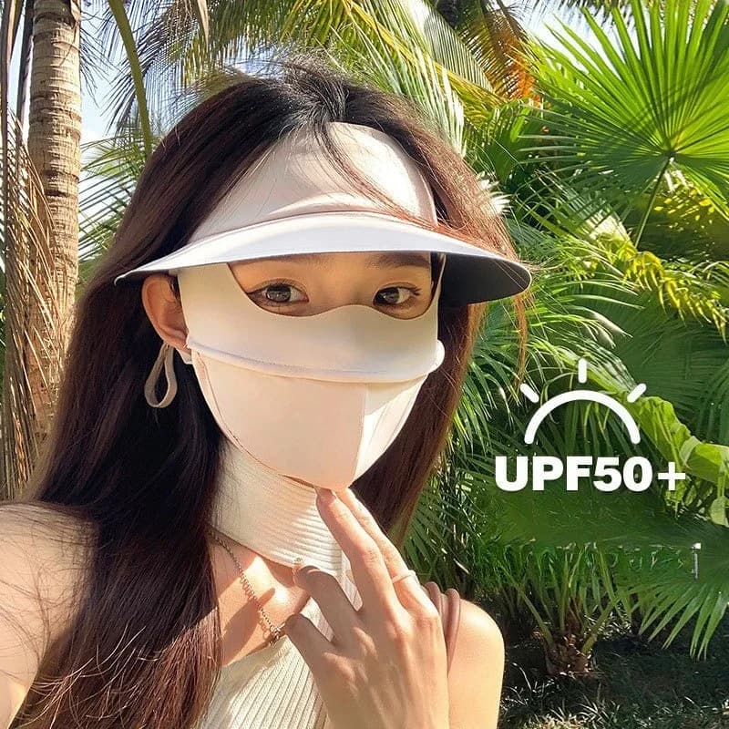 Women Breathable Ice Silk Sun Mask Hat Integrated Design UV Protection Sunshade Cover for Outdoor Cycling