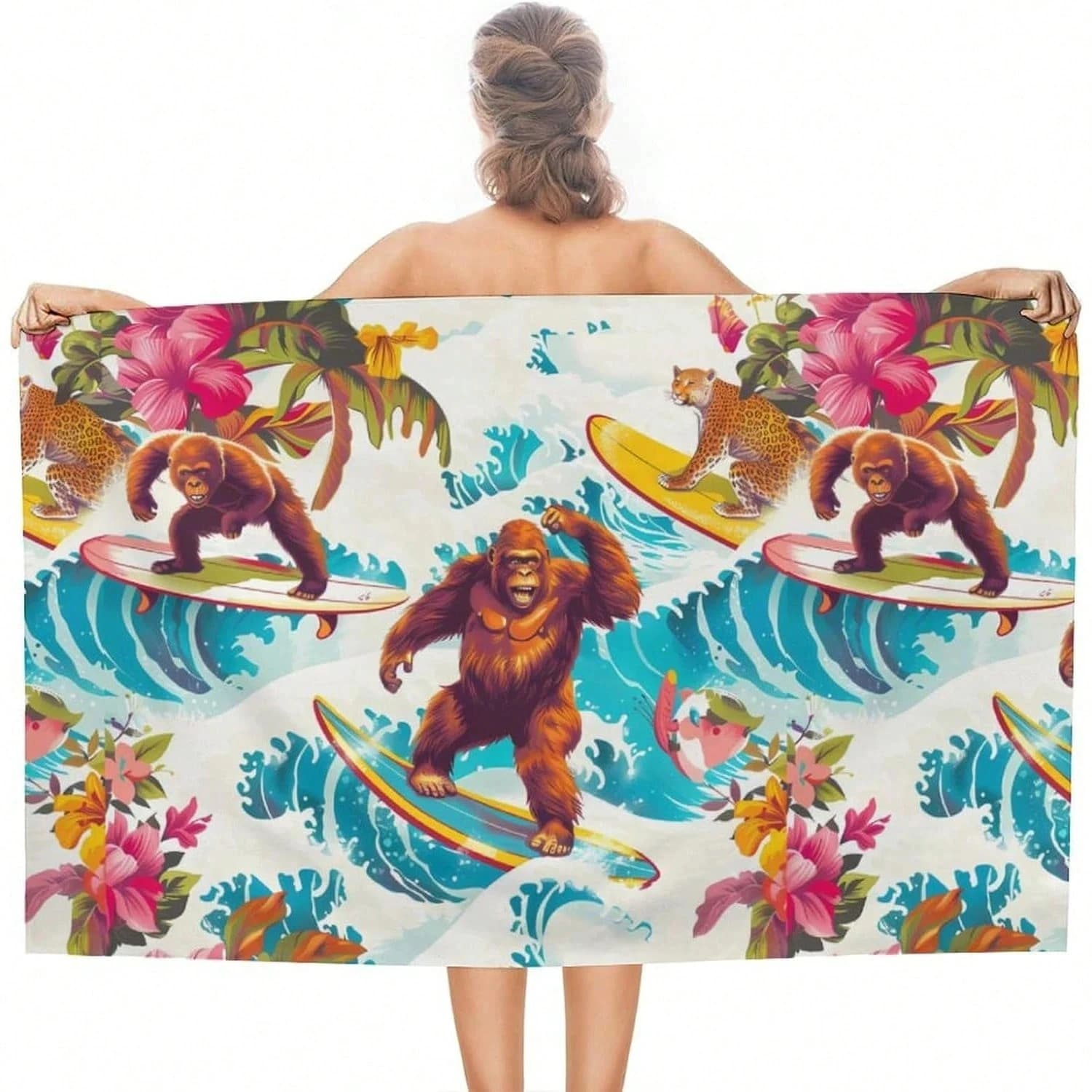 Telo mare Gorilla Surfing – Microfibra premium, morbido, assorbente, ad asciugatura rapida – Per spiaggia, piscina, viaggi – Asciugamano con stampa animalier per adulti