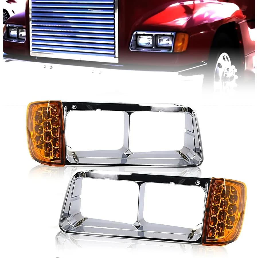 Coppia cornice faro di ricambio per semi camion Frghtliner FLD 1989-2002 con gruppo indicatori di direzione a LED ambra App DOT SAE