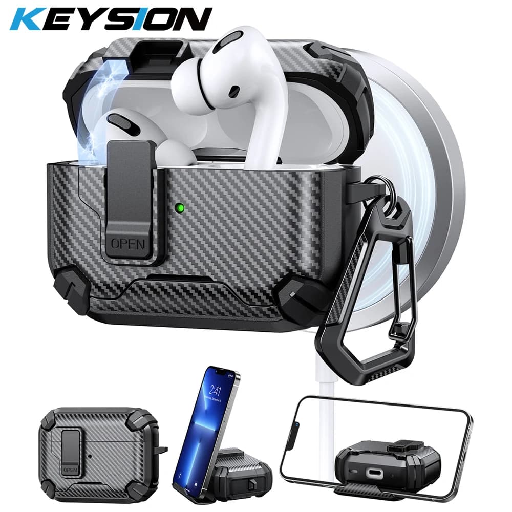 KEYSION Custodia per auricolari con interruttore automatico magnetico per Airpods Pro 3 Pro 2 Custodia per cuffie con gancio per supporto per telefono antiurto per AirPods4
