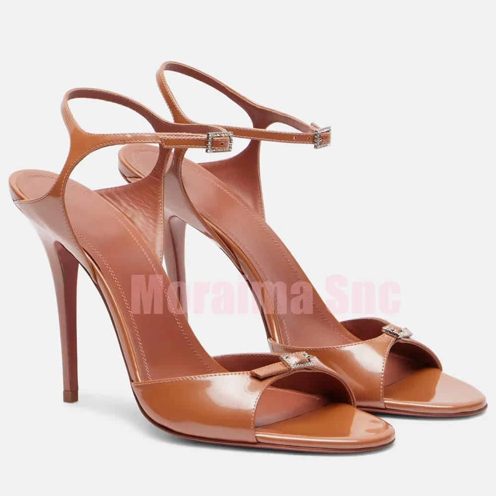 Patent Leather Crystal Buckle Sandals Stiletto High Heel Round Open Toe Ankle Strap Fashion Summer Women's Dress Shoes Party New