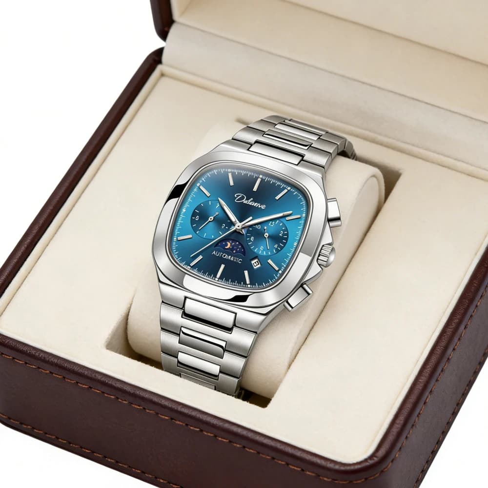 Nuovo Orologio Meccanico Quadrato alla Moda per Uomo, in Acciaio Inossidabile, Impermeabile, Luminoso, con Giorno, Data e Fase Lunare, Orologio Automatico di Lusso