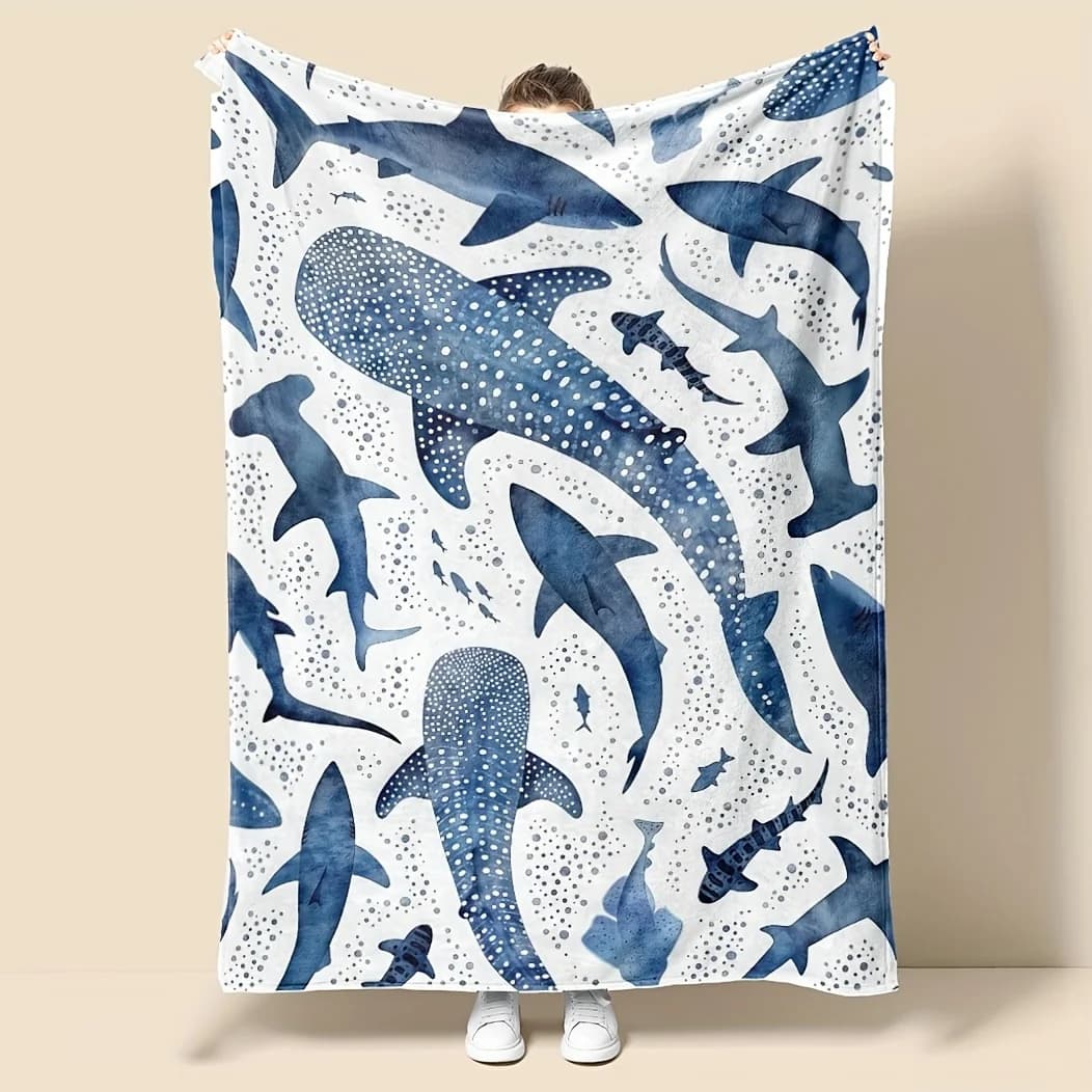 Coperta calda con motivo squalo balena in stile oceano romantico, coperta per pisolino per adulti, morbida e confortevole, adatta a tutte le stagioni