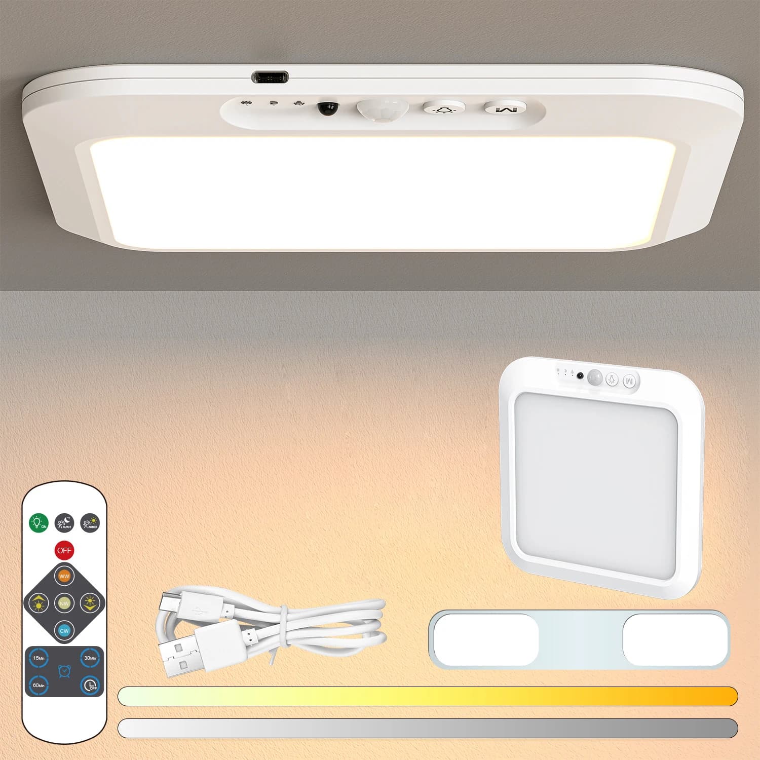 Lampada da Soffitto con Sensore di Movimento 5000mAh, Ricaricabile USB Type-C, Lampada Magnetica Wireless, Luce Notturna LED per Cucina e Ripostiglio