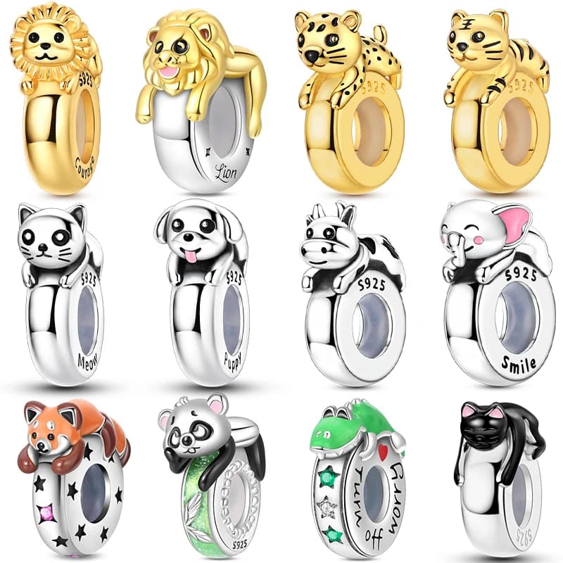 Charm in Argento Sterling 925 a Forma di Camaleonte, Procione e Tigre Dorata con Chiusura in Silicone, Compatibile con Bracciali Originali per Gioielli Fai-da-Te