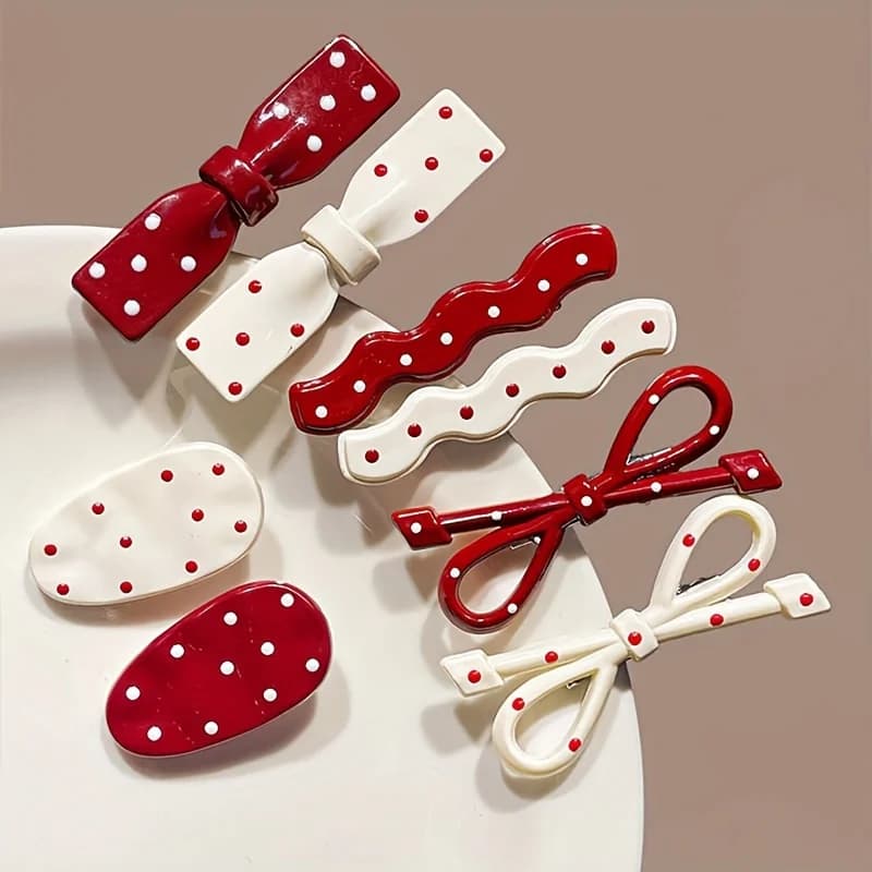 Set of 6 Vintage Red Polka Dot Hair Clips with Sweet Bow Design, Suitable for Bangs And Side Hair, Cute Korean Style Hairpins fo