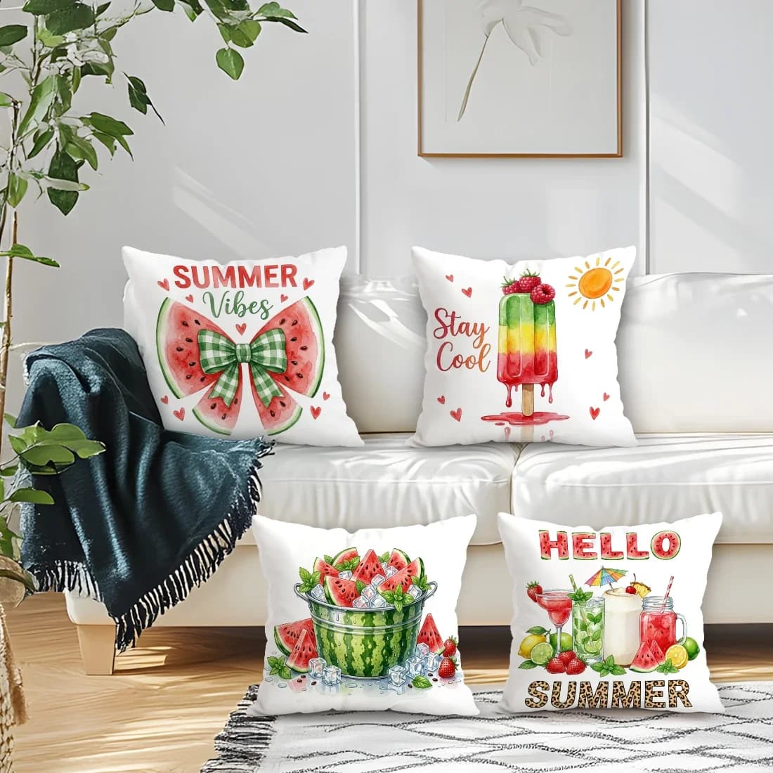 Set di 4 Copricuscini Estivi da Spiaggia, Stampa Monofacciale 40/45/50CM, Federe per Cuscini Decorativi per Divano e Casa
