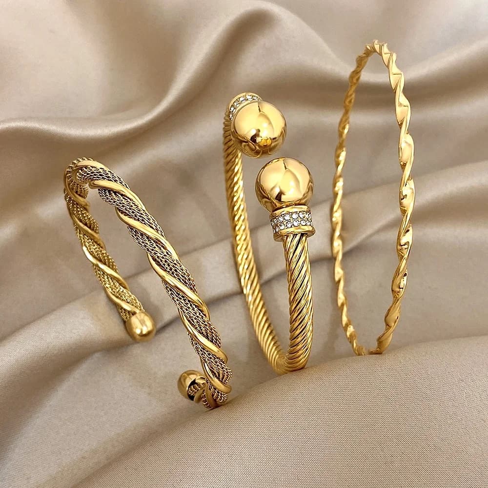 Greatera High Quality Warp Twine C-shape Open Men's Bangle Stainless Steel Rhinestone Inlaid Women's Cuff Bracelet Jewelry Gift