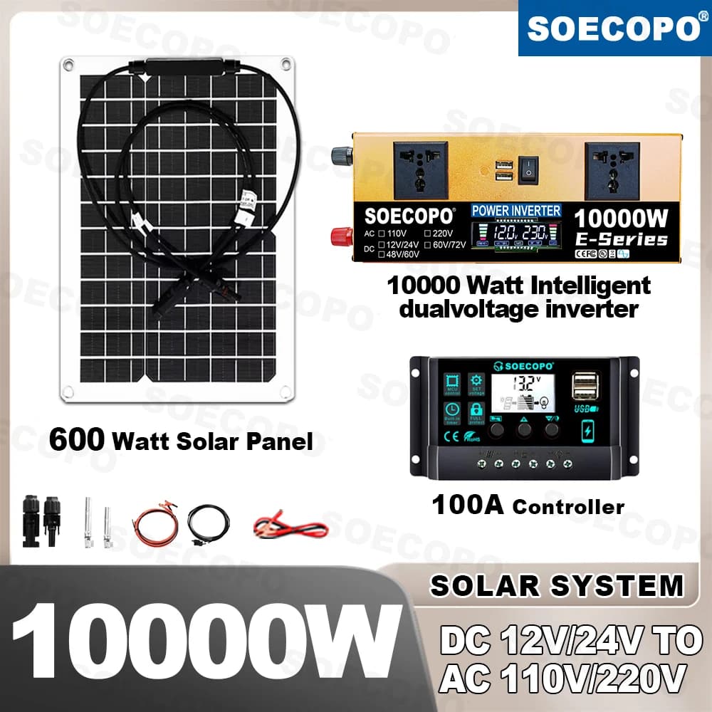 Kit Solare a Doppia Tensione 10000W di Picco con Inverter per Frigorifero e TV, Pannello + Regolatore 100A da DC 12/24V a 110V 220V, Potenza Nominale 1100W