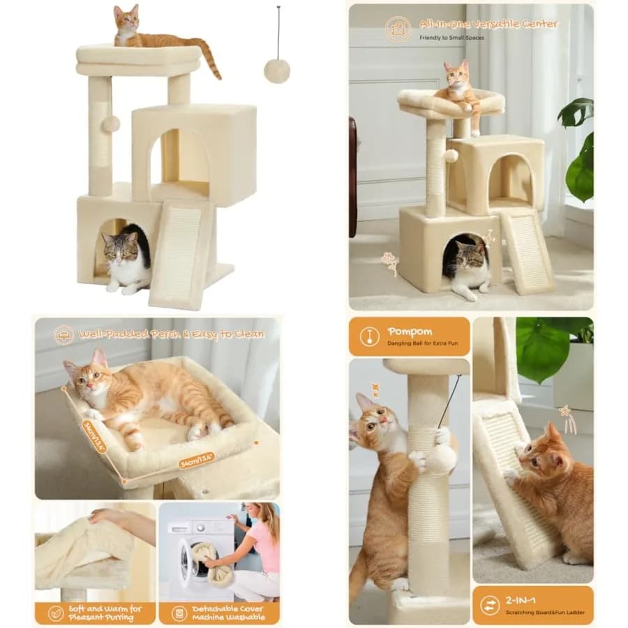 Albero per gatti, torre per gatti con due cucce per gatti da interno, casetta per gatti in peluche con posatoio imbottito, rampa e posti per grattare e pali di ricambio