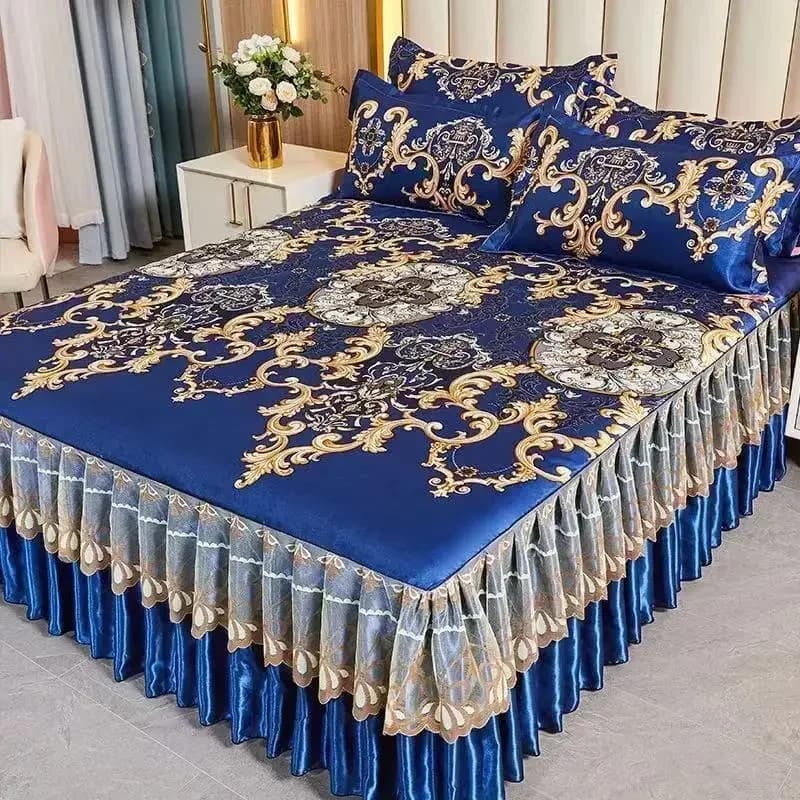 Set of 3-piece double bed sheets/lot, classic lace-blue royal sheet, mattress-covered bedspread washable in washing machine