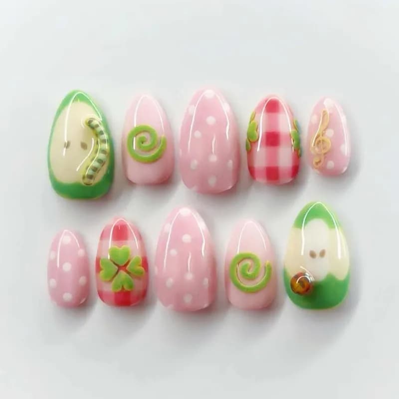24PCS Green Cute Apple Almond Press on Nails Sweet Pink Plaid Polka Dots Fake Nails for Women with Little Bug Design False Nails