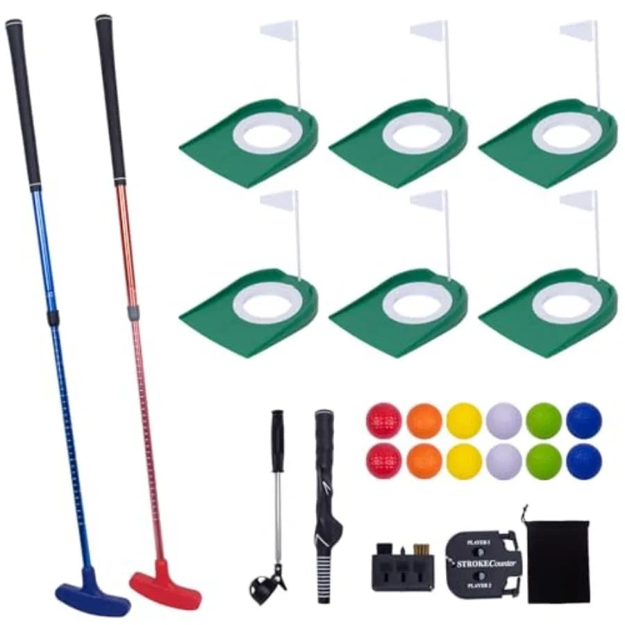 Set da Golf Mini per Pratica con Putter Regolabili, 6 Buche con Bandierine, 12 Palline da Allenamento, Recuperatore di Palline Estensibile e Portatile