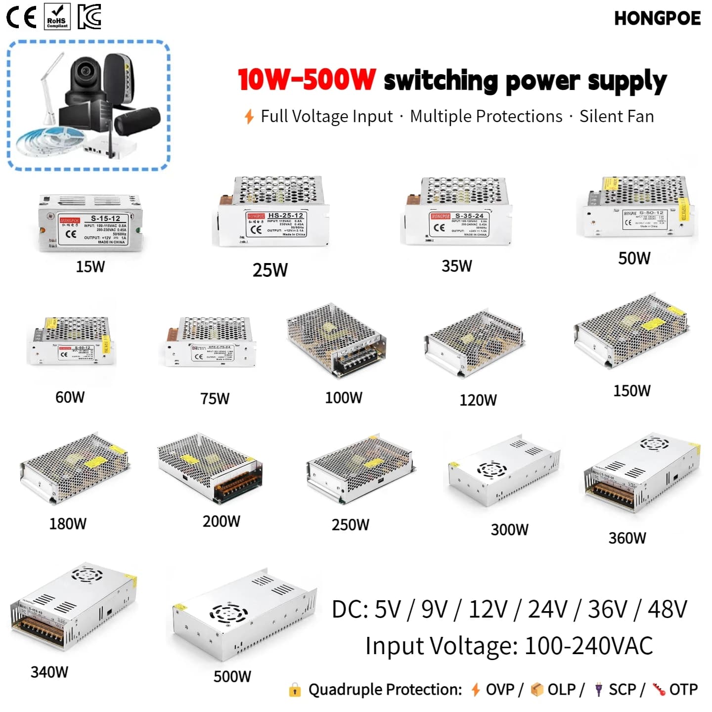 Alimentatore CE SMPS 10W-500W con uscita 5V 9V 12V 24V 36V 48VDC e ingresso 100/240VAC per strisce LED, motori, batterie e CCTV.