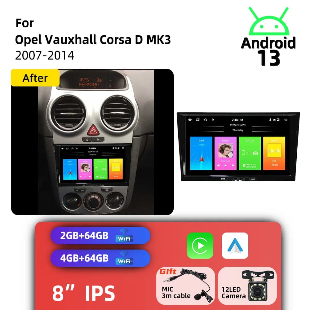 Autoradio Android 2 Din con Carplay, GPS, WIFI, Schermo da 8 Pollici, Stereo Multimediale per Opel Vauxhall Corsa D MK3 2007-2014