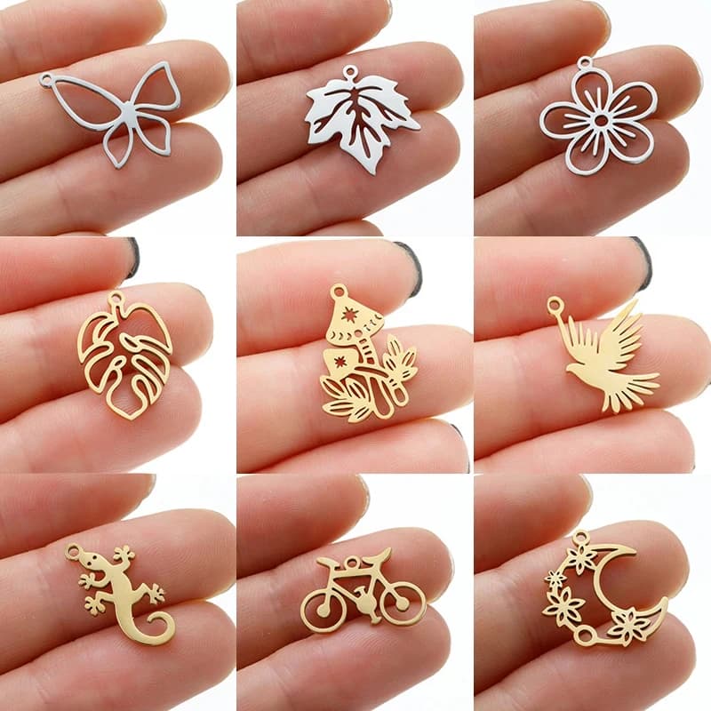 5 pz/lotto mini ciondoli in acciaio inossidabile moda foglia di metallo fiore farfalla sole pendenti per realizzare gioielli fai da te artigianali fatti a mano