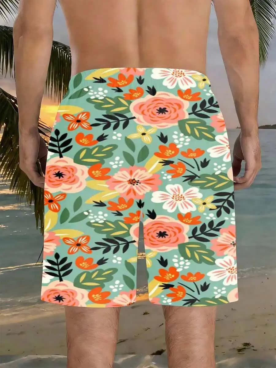Pantaloncini da bagno con stampa floreale per uomo con coulisse in vita, abbigliamento estivo da spiaggia