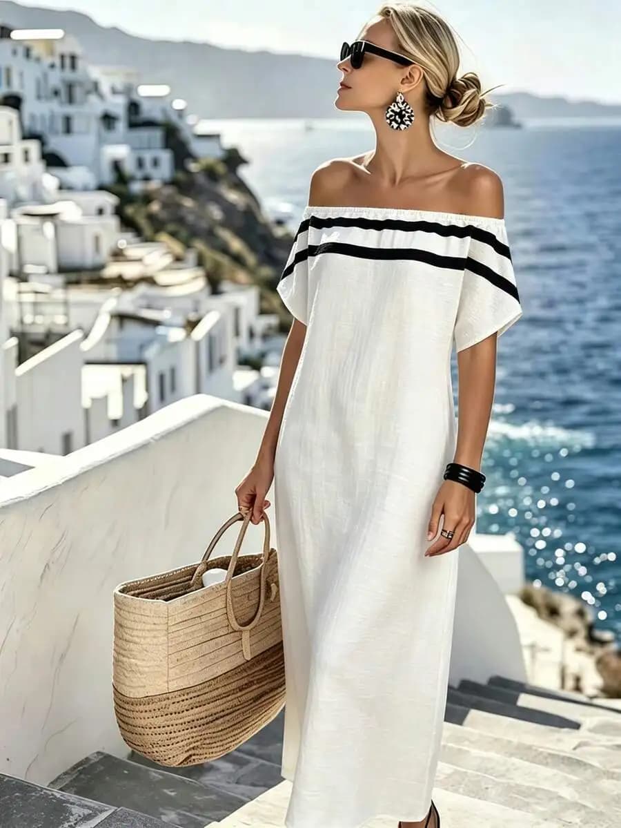 Abito midi bianco a righe con spalle scoperte, casual, da vacanza, per donna