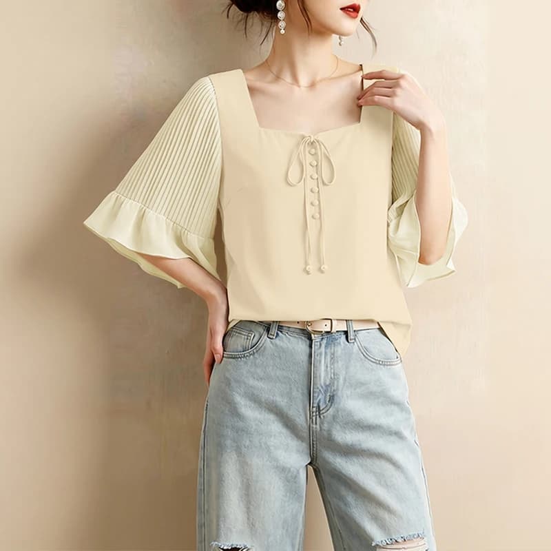 ZANZEA Women Blouse 3/4 Flare Sleeve Square Neck Pleated Tops Office Work Shirt Elegant Lace Up Solid Color Loose Tunic Mujer