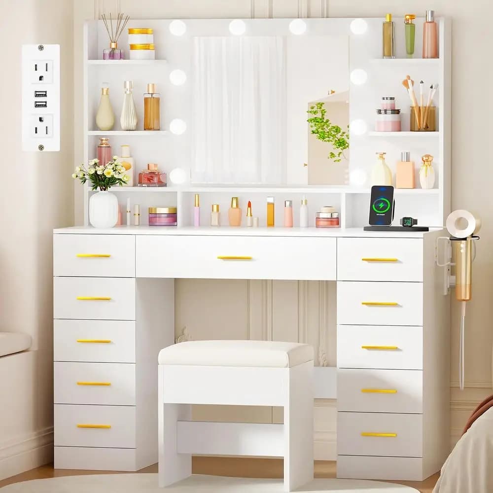 BEWISHOME Vanity Desk with Mirror Lights and Storage Stool,11 Ders | Makeup Vanity Table with Power Outlet,Hair Dryer Rack,6 Ope