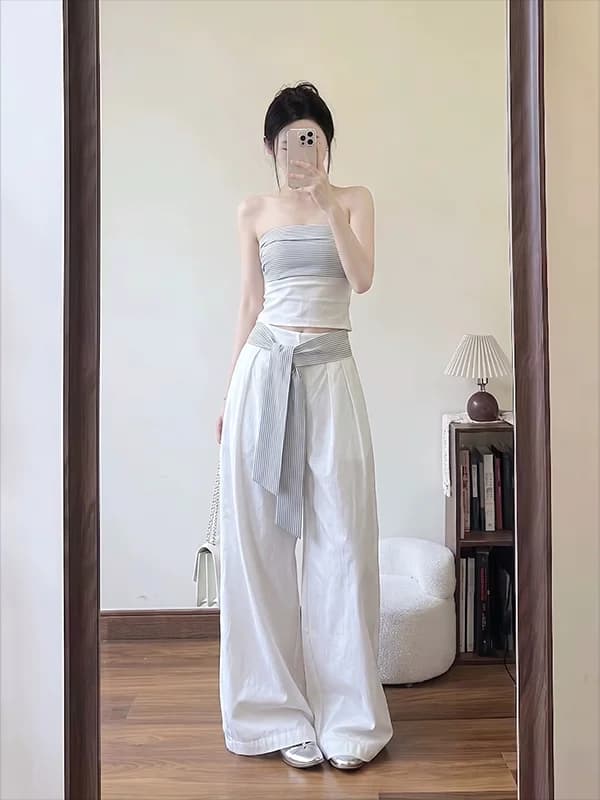 Korean Color Block Striped Sleeveless Slim Fit Tube Top Vest Women Summer Belted Patchwork High Waist Long Pants Wide Leg Pan...