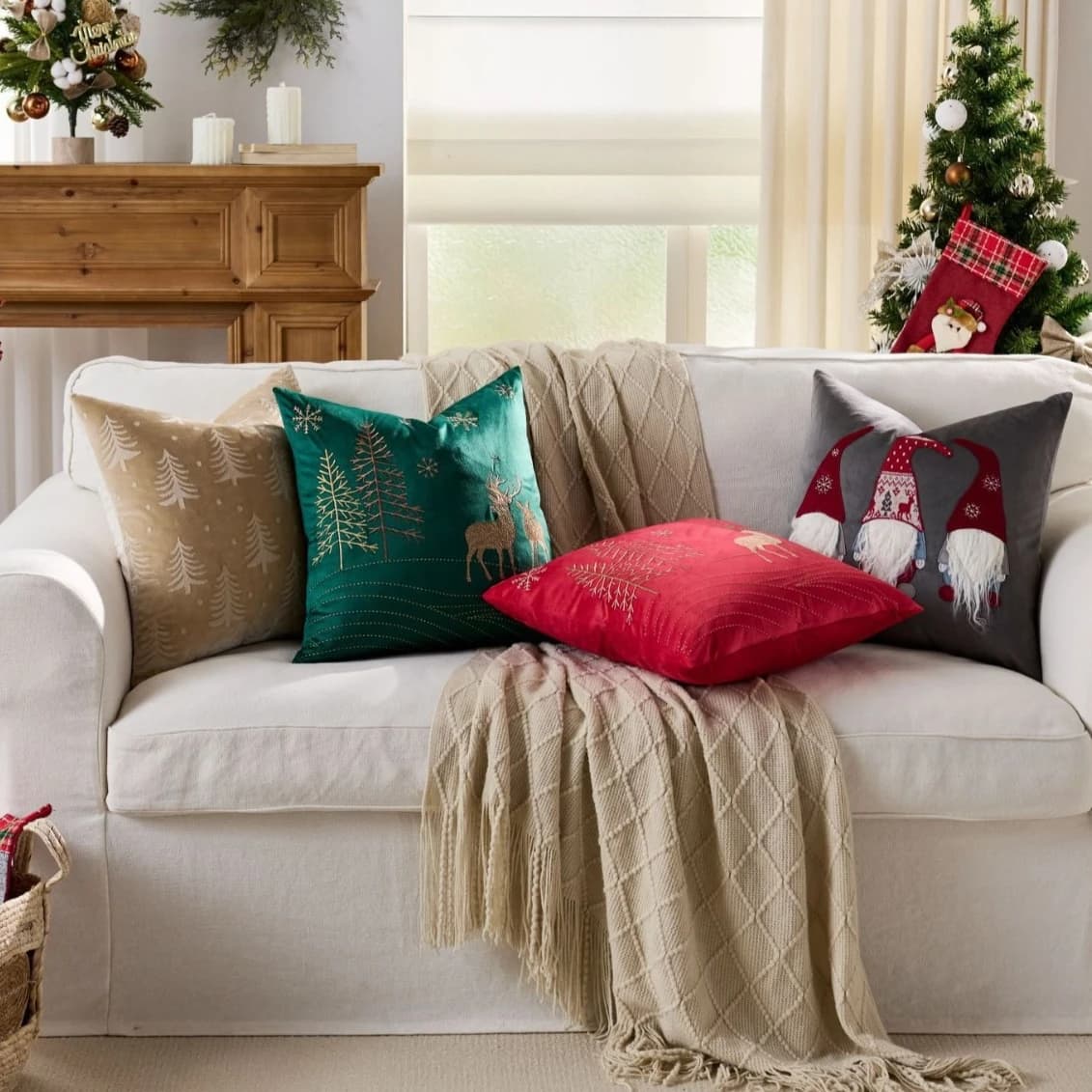 Velvet Christmas Pillow Cover with Embroidered Forest Deer 45x45cm Decorative Cushion for Living Room & Bedroom Cream Beige Grey