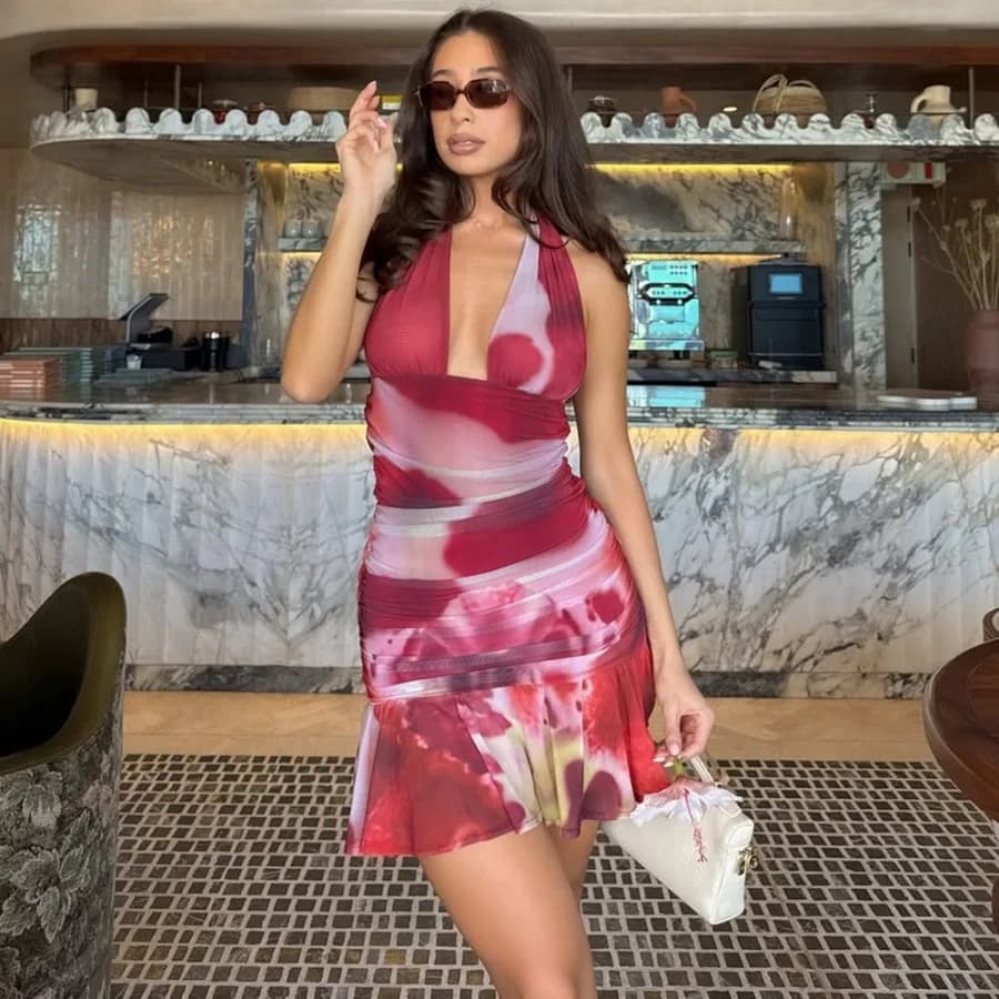 【Nuovo stile】Abito da donna con stampa e scollo all'americana, stile vacanza alla moda, gonna sexy con cintura in vita