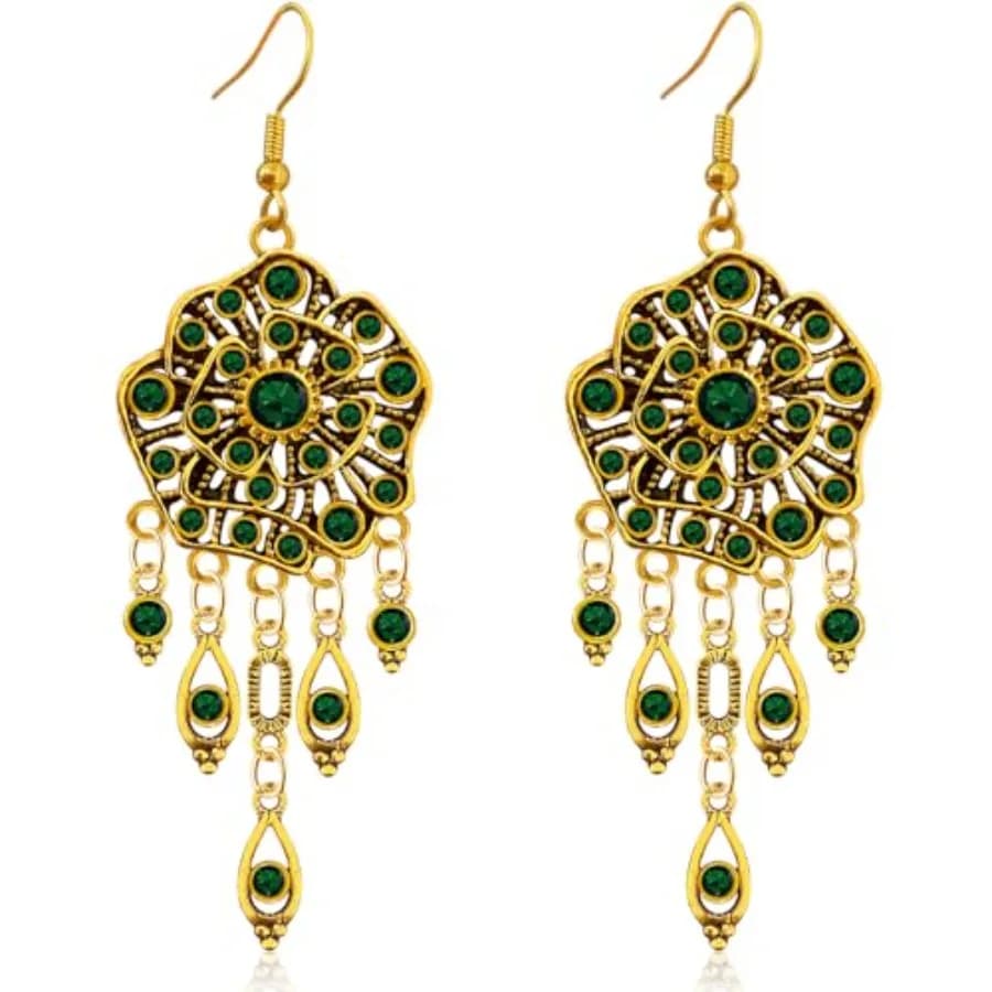 Bohemian Dainty Vintage Gold Crystal Teardrop Chandelier Lightweight Dangle Drop Earrings Retro Alloy Fringe Flower Hook Earrin